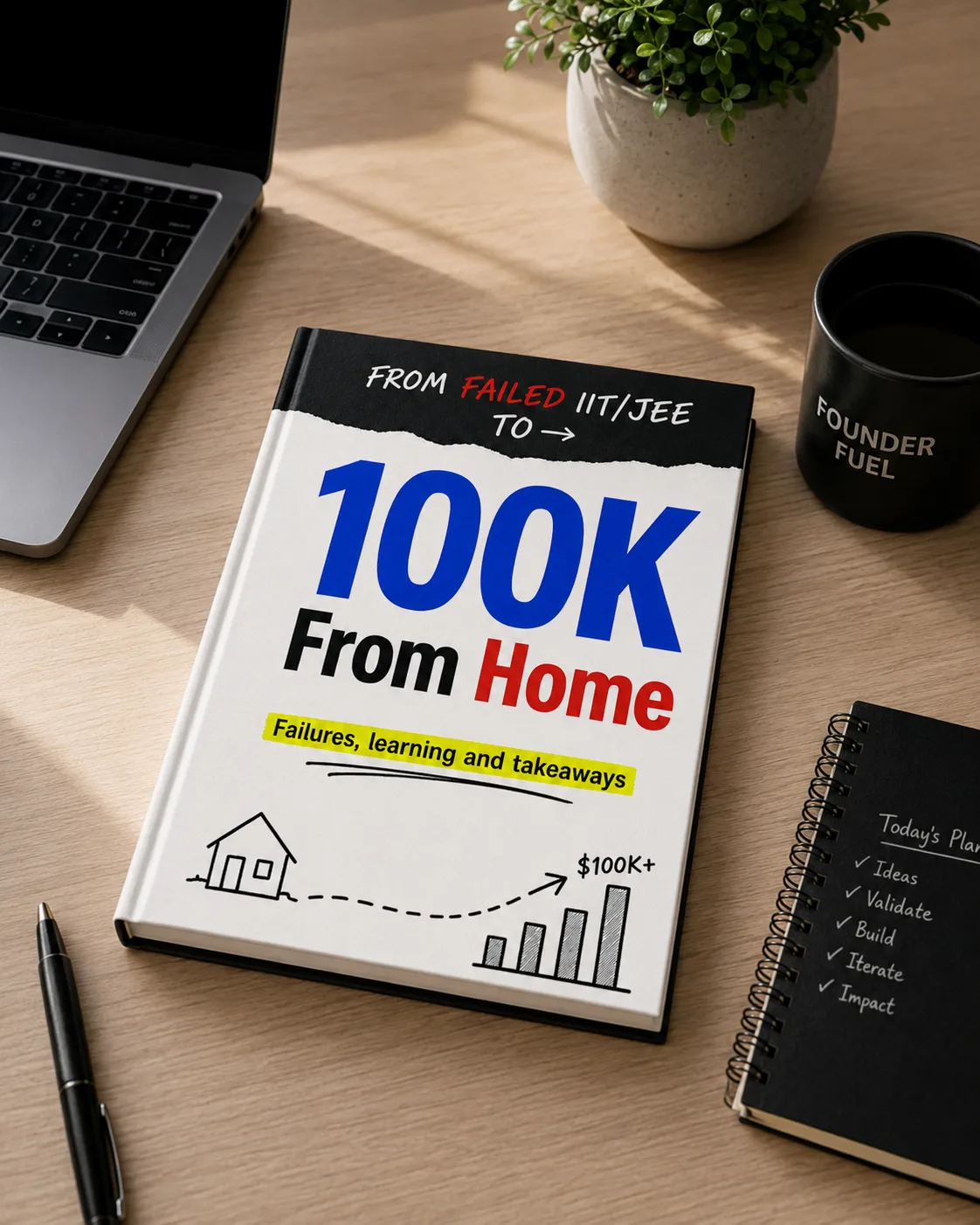 IIT Failure to $100K in 1 Year ebook on a founder desk.